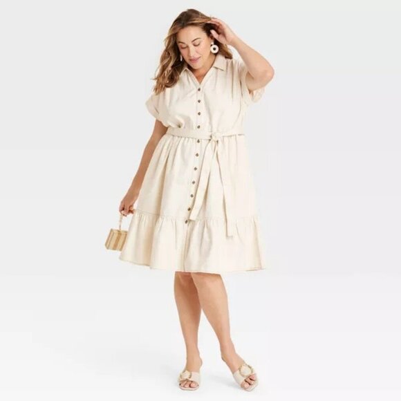 NEW Ava & Viv Women's Short Sleeve Denim Tiered Midi A-Line Dress Off-White - Picture 3 of 3